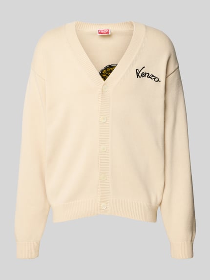 Produktfoto, Oversized Wolljacke aus Woll-Mix von KENZO, kolor kremowy, mieszanka wełny i bawełny, krój oversized, prążkowane wykończenia, wyhaftowane logo, listwa guzikowa na całej długości, długość tyłu 68 cm, szerokość w rozmiarze M 62 cm, długość rękawów 61 cm