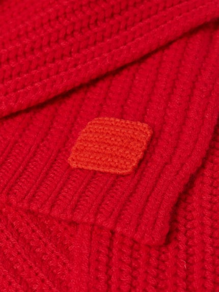 Produktfoto, Schal mit kontrastfarbenem Label-Patch von MAX&Co, einfarbig in Rot, grober Rippstrick, Struktur und Label-Detail.