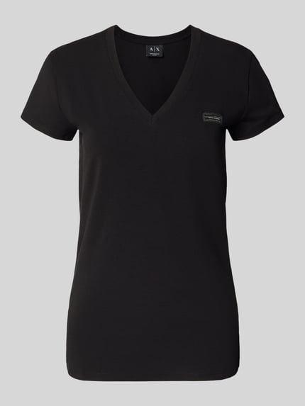 Produktfoto, T-Shirt mit V-Ausschnitt und Label-Stitching van ARMANI EXCHANGE, zwart katoen-elastaanmix, regular fit, vooraanzicht