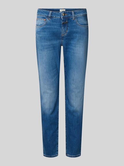 Produktfoto, Slim Fit Jeans aus Baumwoll-Mix Modell 'Baker' von Closed, mieszanka bawełny, krój slim fit, skrócony, 5 kieszeni, zapięcie na guzik i zamek błyskawiczny, szerokość w rozmiarze 27/32: 38 cm, długość wewnętrzna nogawki w rozmiarze 27/32: 70 cm, niebieski denim, lekko sprany, gładka tekstura