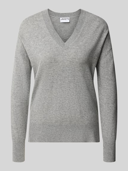 Jake*s Casual Pullover aus Wolle mit V-Ausschnitt Mittelgrau Melange 2