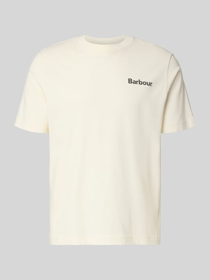 Produktfoto, Relaxed Fit T-Shirt aus reiner Baumwolle Modell 'Packling' von Barbour, unifarben in Creme mit Label-Schriftzug, Rundhals, kurzarm.