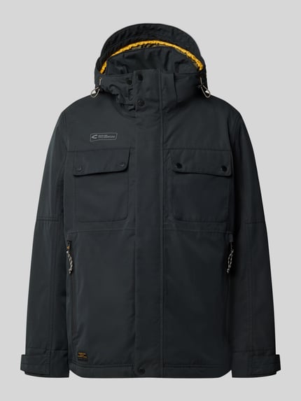 Productfoto, donkergrijze Jacke mit Kapuze Modell 'Between Funktion TEXX' van camel active, rechte snit, gele binnenkant kap, grove textuur, zichtbare drukknopen en rits, borst- en zijzakken, verstelbare mouwriemen, statement-patch en print