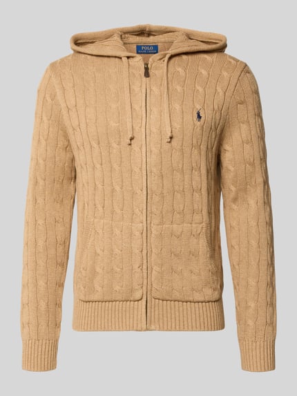 Produktfoto, Regular Fit Strickjacke aus reiner Baumwolle von Polo Ralph Lauren in Beige mit Zopfmuster und Kapuze, Herren Strickjacke