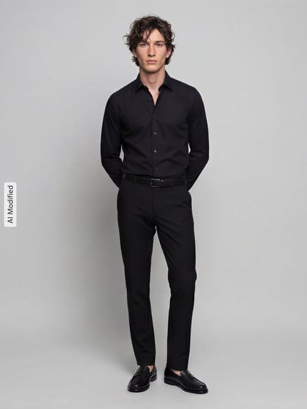 Mannenmodel draagt zwart OLYMP Body Fit Businesshemd uit pure katoen model 'Level Five', Heren zakelijk overhemd, full-body vooraanzicht.