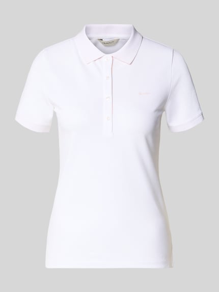 Produktfoto, Slim Fit Poloshirt mit Label-Stitching von Gant aus Baumwoll-Elasthan-Mix in Weiß, Knopfleiste, Rückenlänge 59 cm bei Größe S