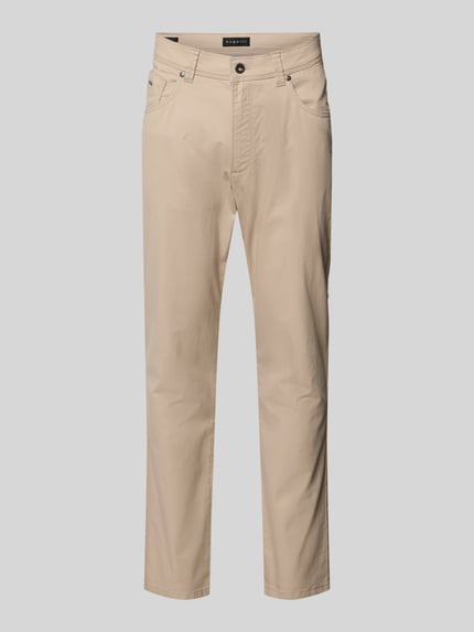 Produktfoto, Regular Fit Hose mit Eingrifftaschen Modell 'CORDOBA' von bugatti z mieszanki bawełny i elastanu, szerokość w rozmiarze 32/32: 38 cm, długość wewnętrzna nogawki 82 cm, jasnobeżowy kolor, gładka tekstura