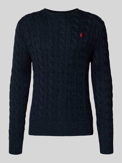Produktfoto, Strickpullover mit Label-Stitching von Polo Ralph Lauren, donkerblauw, puur katoen, regular fit, ribboorden, ronde hals