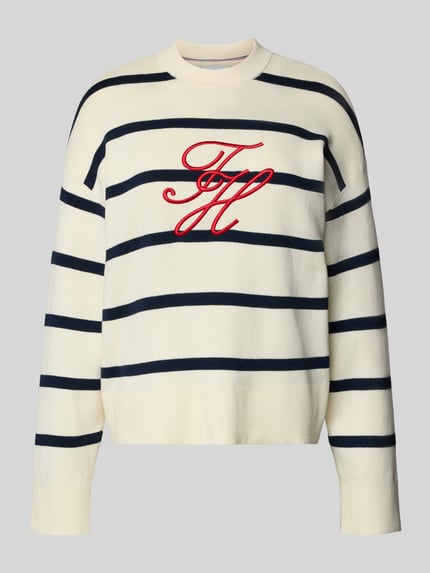 Produktfoto, Regular Fit Sweatshirt aus reiner Baumwolle von Tommy Hilfiger in Offwhite mit dunkelblauen Streifen, Logo-Stitching, Feinstrick