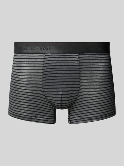 Produktfoto, Trunks mit elastischem Bund von HOM aus Baumwoll-Elasthan-Mix, körpernahe Passform, Allover-Look mit schwarzen Streifen.