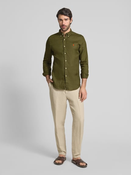 Polo Ralph Lauren Slim Fit Leinenhemd mit Logo-Stitching Oliv 1