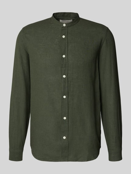 Produktfoto, Slim Fit Freizeithemd aus Baumwoll-Leinen-Mix Modell 'CAIDEN' von Only & Sons in dunklem Unifarben, gerade Form, sichtbare Knopfleiste, glatte Textur, Mao-Kragen, Langarm, 1-Knopf-Manschette, Rückenpasse, Optik: Unifarben, Passform: Slim-Fit.