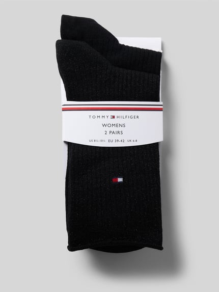 Produktfoto, schwarze Socken aus Baumwoll-Mix mit feinem Logo-Stitching, glatte Textur, 2er-Pack Modell 'WOMEN SOCK 2P LUREX RO' von Tommy Hilfiger, Damen Socken von Tommy Hilfiger