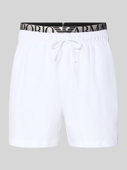 Produktfoto, Relaxed Fit Badeshorts mit Logo-Stitching von Emporio Armani in Weiß, elastischer Bund mit Tunnelzug, für Herren