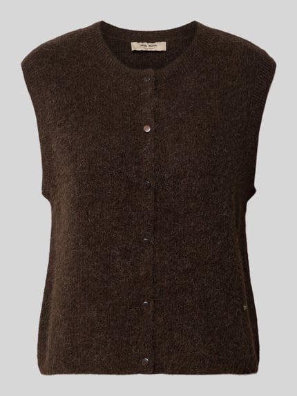 Produktfoto, Regular Fit Cardigan aus elastischem Alpaka-Mix mit Knopfleiste von MOS MOSH, ärmellos, braun, weiche Struktur, glatte Knöpfe, Damen Cardigan, Rückenlänge S: 46 cm
