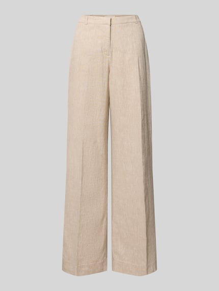 Produktfoto, Leinenhose mit Eingrifftaschen Modell 'Pennie Ginia' von MSCH Copenhagen, Leinen-Mix mit Viskose-Anteil im Wide-Leg-Pants-Design, Haken- und Reißverschluss, französische Eingrifftaschen, Gesäßleistentaschen, Bundweite 38 cm, Innenbeinlänge 81 cm, beige, strukturierte Stofftextur