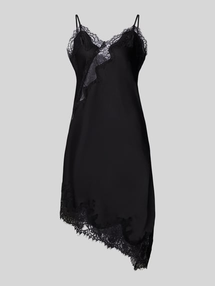 Produktfoto, Kleid aus Satin mit Spitze Modell 'Sorelle' von Neo Noir in Schwarz, asymmetrische Form, Minilänge, feine Textur, Spaghettiträger