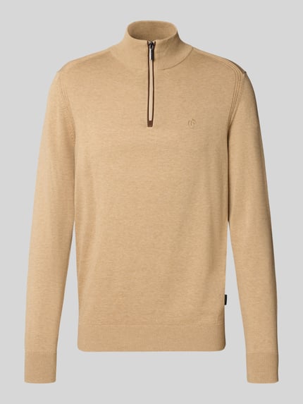 Produktfoto, Regular Fit Strickpullover aus reiner Baumwolle mit Troyer-Kragen von bugatti, beżowy, dzianina o gładkiej fakturze, wyhaftowane logo, krój regular fit, bawełna, Długość tyłu w rozmiarze M: 65 cm, Długość rękawów w rozmiarze M: 65 cm