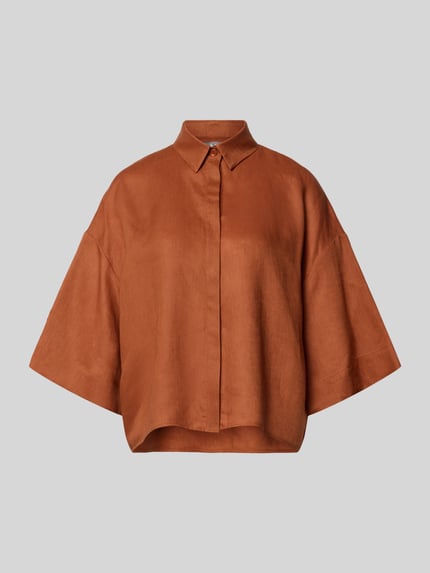 Productfoto, Boxy Fit Leinenbluse met 3/4-mouw model 'RITO' van MM by Max Mara in puur linnen, bruine tint, verborgen knoopsluiting, blousekraag