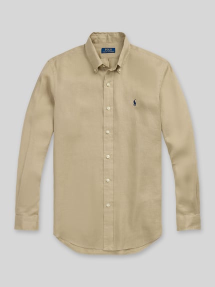 Produktfoto, Slim Fit Freizeithemd aus reinem Leinen von Polo Ralph Lauren in Beige mit Button-Down-Kragen, durchgehender Knopfleiste, Logo-Stitching.