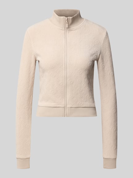 Produktfoto, Slim Fit Sweatjacke mit Stehkragen Modell 'LAUDOMIA' von GUESS, beigefarben, Logo-Muster, Material-Mix mit Stretch-Anteil, Reißverschluss
