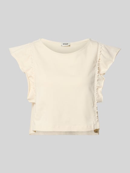 Productfoto, T-shirt met vlindermouwen model 'MIRIEL' van Drykorn, pure katoen, loose fit, bootshals, haakwerk, ruglengte 45 cm, crème, zachte textuur