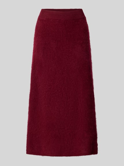 Productfoto, wollrock met elastische band van Christian Berg Woman in bordeauxrood, recht model, zuiver wol, midirok, bandwijdte maat S 35 cm, totale lengte maat S 80 cm