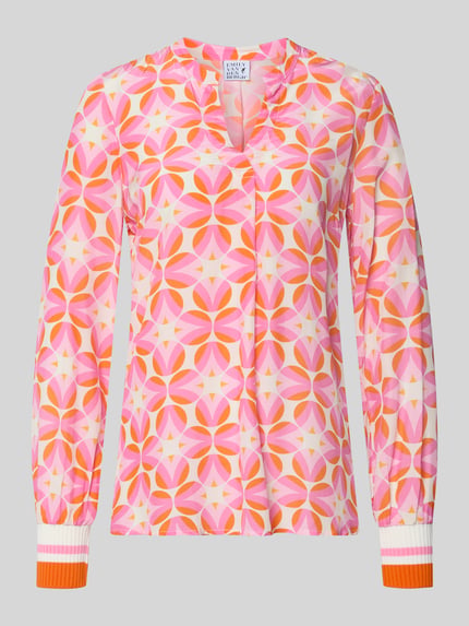 Produktfoto, Regular Fit Bluse aus reiner Viskose von Emily Van den Bergh, geometrischer Allover-Print, Langärmelig, elastische Ärmelabschlüsse, Tunika-Ausschnitt, mehrfarbig, glatte Textur, Damen Bluse