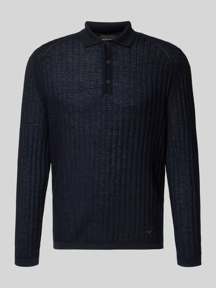 Produktfoto, Slim Fit Pullover aus Lyocell-Mix mit Schurwoll-Anteil von Emporio Armani in Dunkelblau, Strick-Optik, Polokragen, Langärmelig, Logo-Stitching, elastische Abschlüsse