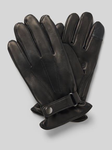 Produktfoto, Handschuhe aus echtem Leder mit Touchscreenfunktion von Akaroa, zwart glad leer, drukknoopsluiting, siersnaden, heren, touchfunctie