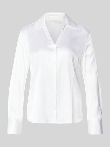 Productfoto, Bluse aus Satin mit V-Ausschnitt van HERZENS, witte satijnlook, regular fit, overhemdkraag, knoopsluiting, glad oppervlak