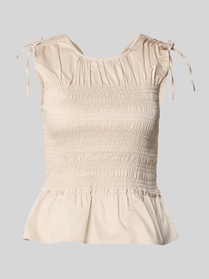 Produktfoto, Blusentop mit Smok-Details von Comma, Damen, cremefarbener Baumwoll-Mix mit Stretch-Anteil, Regular-Fit, Rundhalsausschnitt, strukturierte Oberfläche, Rückenlänge bei Größe 36: 45 cm