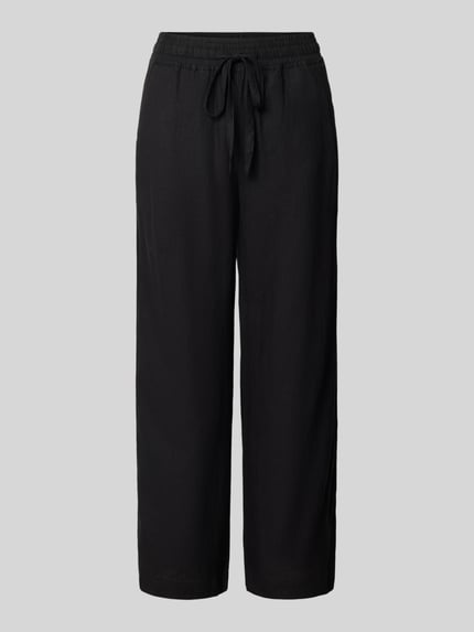 Produktfoto, Wide Fit Stoffhose aus Leinen-Mix mit Viskose-Anteil Modell 'Ina' von Soyaconcept, schwarze Farbe, elastischer Bund mit Tunnelzug, Damen Schlupfhosen-Design, verkürzte Passform, sichtbare Textur, weite Beine, für die Damenmode