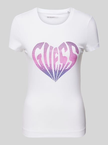 GUESS T-shirt z obszyciem kamieniami stras model ‘HEART’ Biały 2