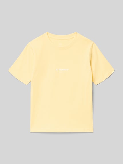 Produktfoto, T-shirt uit puur katoen Model 'SOHO' van JACK & JONES voor kinderen, recht pasvorm, ronde hals, statementprint, ruglengte maat 140: 49 cm, lichtgeel, glad oppervlak