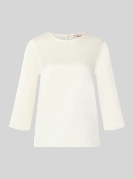 Productfoto, Bluse uit satijn van Rinascimento, dames blouse in materiaalmix met stretch, getailleerde pasvorm, ronde hals, langärmelig, ruglengte maat S 59 cm, mouwlengte maat S 48 cm, effen wit met gladde textuur