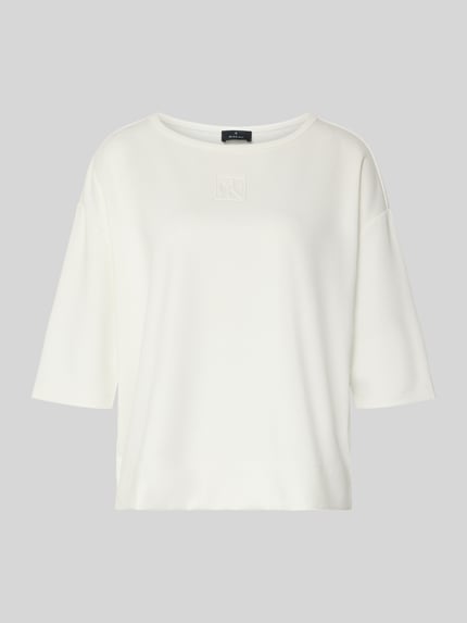 Produktfoto, T-Shirt mit Rundhalsausschnitt und Logo van monari, relaxed fit, mix van materialen met viscose, wit, dames.