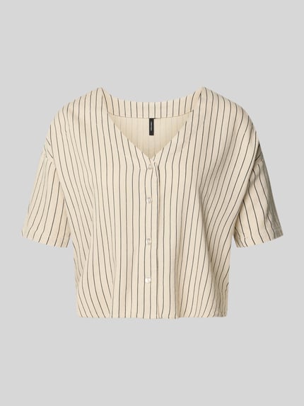 Productfoto, Boxy Fit Hemdbluse aus Viskose-Leinen-Mix Modell 'MYMILO' van Vero Moda, dames overhemdblouse in mix van viscose en linnen met tuniekkraag, V-hals, 3/4-mouw, gevlamd garen, beige met zwarte strepen, structuur met lichte textuur.