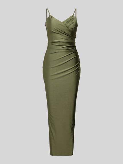 Produktfoto, Cocktailkleid mit Spaghettiträgern und V-Ausschnitt von TROYDEN COLLECTION in Olivgrün, Satin, Körpernaher-Schnitt, Midikleid, Rückseitiger V-Ausschnitt, Rückenreißverschluss, Rückenlänge 125 cm, Brustweite 37 cm