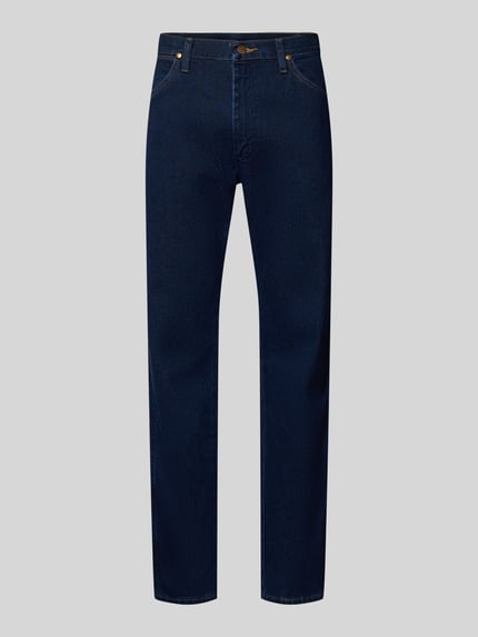 Produktfoto, Cowboy Cut Jeans im 5-pocketmodel van Wrangler in donkerblauw, puur katoen, recht model, knoop- en ritssluiting, heren, bandwijdte maat 32/32: 43 cm, binnenbeenlengte 82 cm