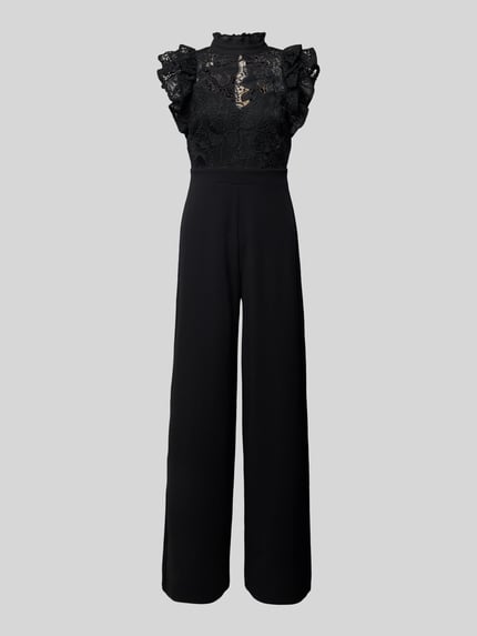 Productfoto, Regular Fit Jumpsuit met florale kanten details van Lipsy, zwart, staande kraag met ruches, semitransparant, getailleerd.