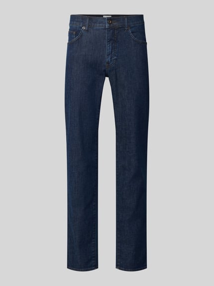 Produktfoto, Sraight Fit Jeans mit Eingrifftaschen Modell 'Cadiz' von Brax in dunklem Blau, Used-Look, Baumwoll-Elasthan-Mix.