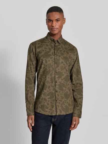 Lindbergh Regular fit vrijetijdsoverhemd van fijn corduroy met button-downkraag Olijfgroen - 4