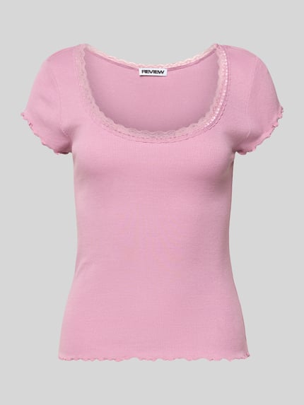 Produktfoto, Slim Fit T-Shirt aus Viskose-Mix mit Spitzenbesatz von Review in roze, elastische stof, ronde hals, lengte maat S 51 cm