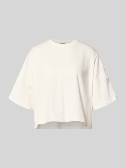 Produktfoto, Boxy Fit T-Shirt mit überschnittenen Schultern Modell 'KUSIA' von Drykorn, damski t-shirt z bawełny, okrągły dekolt, długość tyłu w rozmiarze S: 50 cm, kolor śmietankowy, gładka tekstura