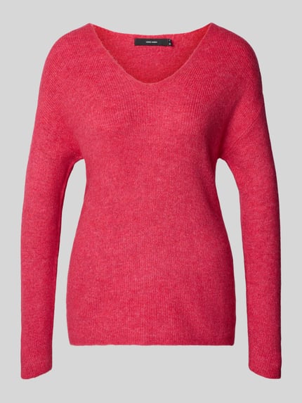 Produktfoto, Regular Fit Pullover mit V-Ausschnitt Modell 'CREWLEFILE' von Vero Moda, różowy rippstrick, długi rękaw, jednolity kolor