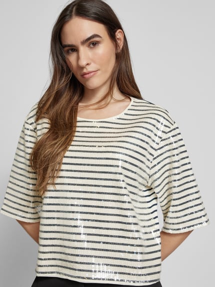 Marella T-shirt z cekinowym obszyciem model ‘GARDONE’ Złamany biały 3