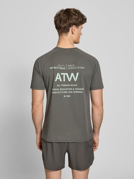 Mężczyzna model nosi T-Shirt mit Label-Print Modell 'SORONA' von HALO, krój regular fit, okrągły dekolt, szary, nadruk z tyłu, widok całej sylwetki z tyłu.