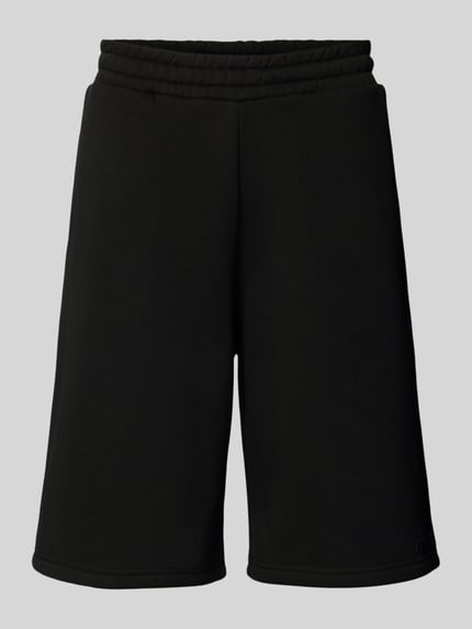 Produktfoto, Sweatshorts mit Logo-Print von REVIEW aus Material-Mix mit Baumwoll-Anteil, Loose-Fit, elastischer Bund, schwarze Farbe, glatte Textur, Bundweite 45 cm, Innenbeinlänge 28 cm, Größe M.