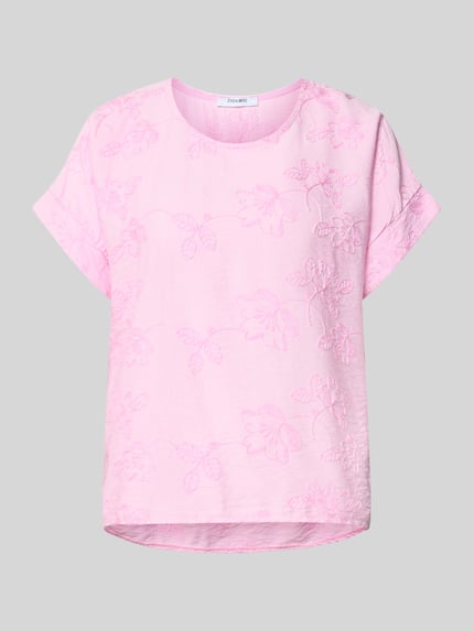 Productfoto, Regular Fit T-Shirt aus Viskose-Mix Model 'Anni' van ZABAIONE, lichtroze, all-over bloemenmotief, ronde hals, verlengde achterkant, Dames t-shirt van viscosemix, ruglengte maat S 60 cm